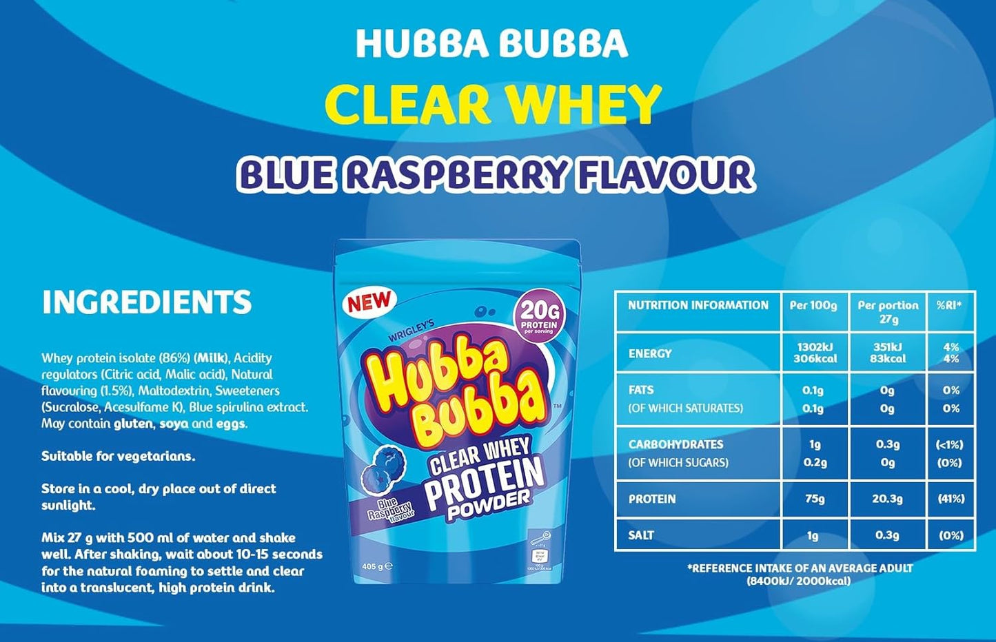 Whey Protein Isolate - Hubba Bubba Clear Whey Protein 405g Blue Raspberry